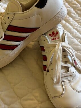 adidas Gazelle White Sneakers with Red Stripes and Black Heel Tab